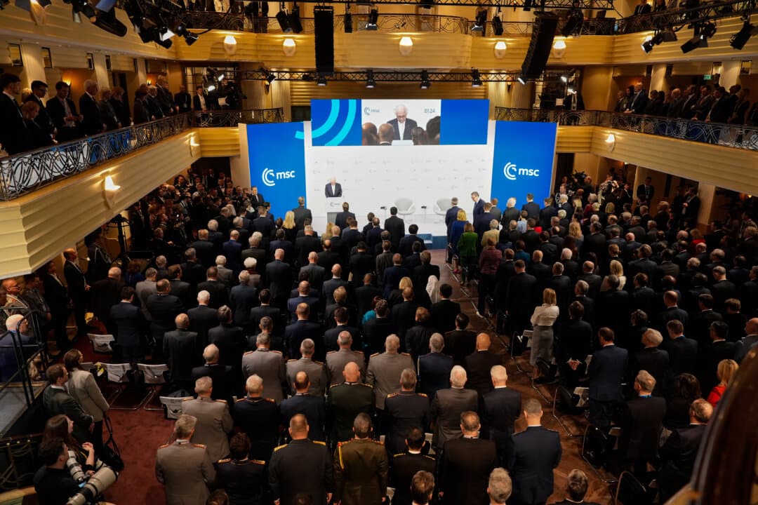 Attendees observe a moment of silence at the 62nd Munich Security Conference in Munich, Germany, on Feb. 14, 2026. (Alex Brandon/Pool/AFP via Getty Images)