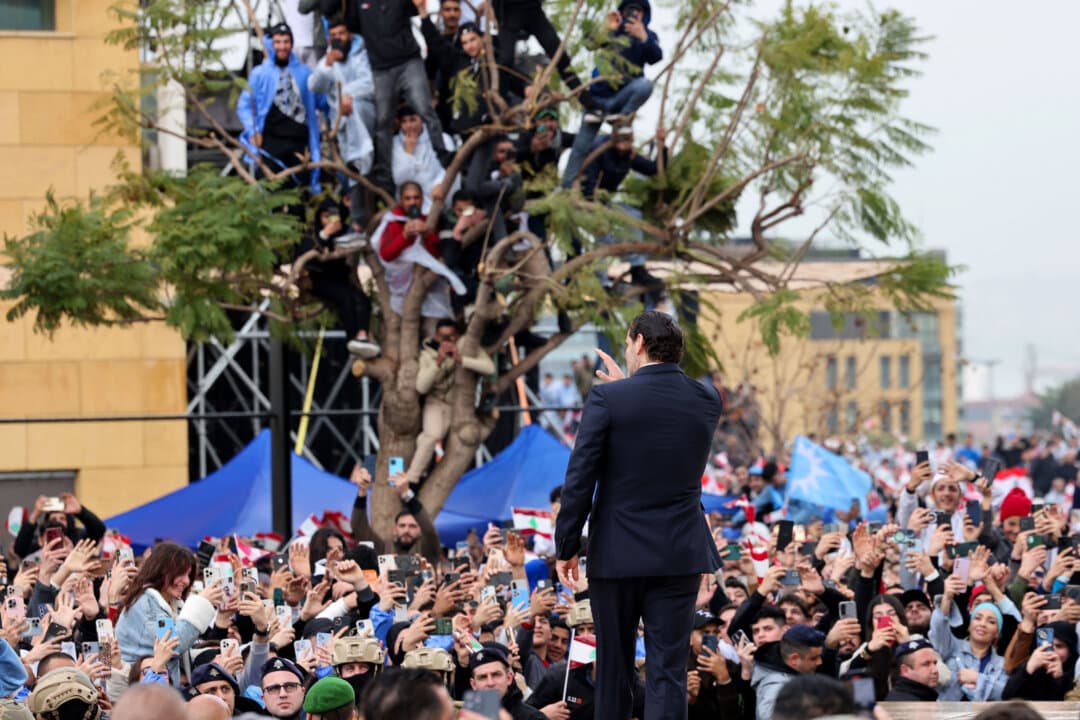 Saad Hariri (C), former Lebanese prime minister and the son of the late premier Rafic Hariri, reacts during a rally marking the 21st anniversary of his father's assassination, at Martyrs' Square in central Beirut, Lebanon, on Feb. 14, 2026. (Anwar Amro/AFP via Getty Images)