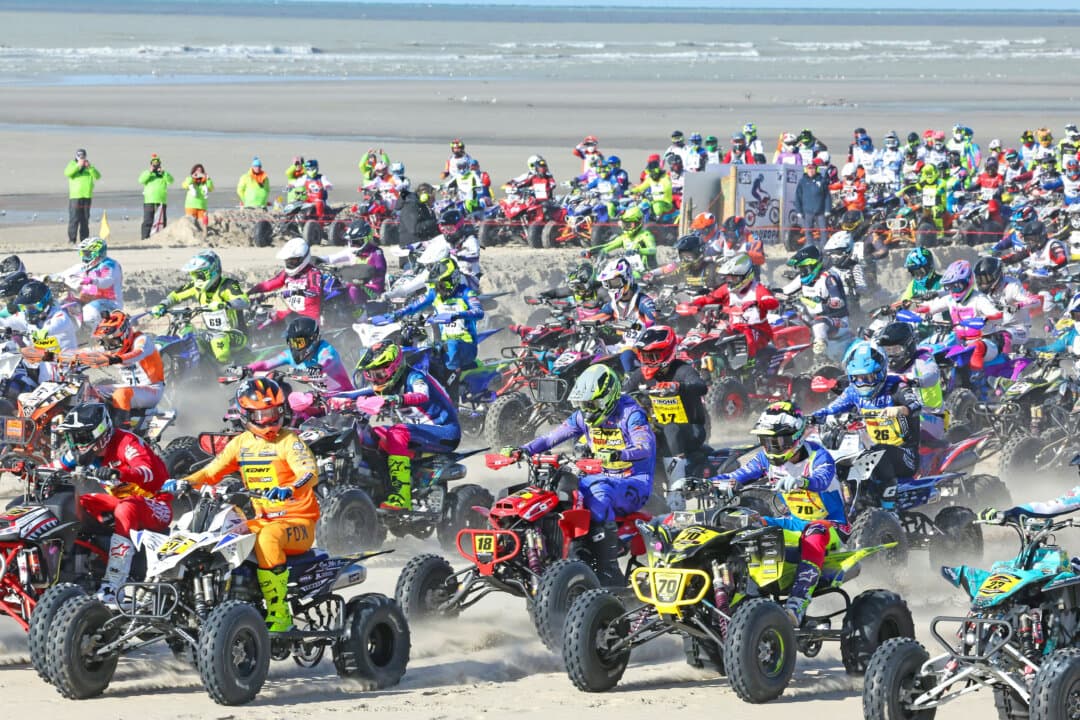 Quad riders compete during the 50th edition of the Enduropale quad motorcycle beach race event in Le Touquet Paris Plage, France, on Feb. 14, 2026. (Francois Lo Presti/AFP via Getty Images)