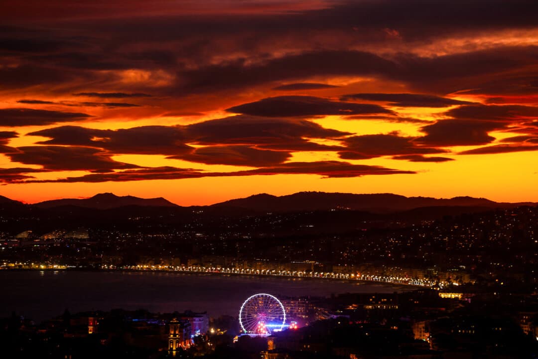 A photo shows the “Baie des Anges” at sunset in Nice, France, on Feb. 14, 2026. (Valery Hache/AFP via Getty Images)