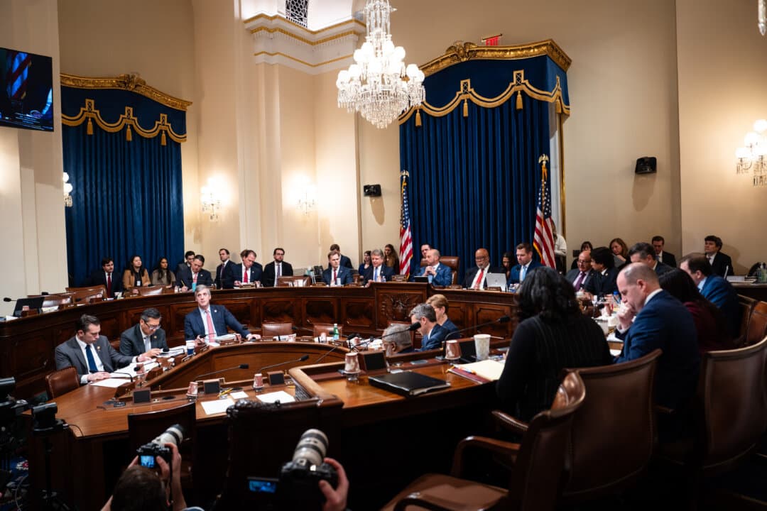 House Committee on Homeland Security chairman Rep. Andrew Garbarino (R-N.Y.), and other lawmakers speak during an Immigration and Customs Enforcement hearing on Capitol Hill in Washington on Feb. 10, 2026. (Madalina Kilroy/The Epoch Times)
