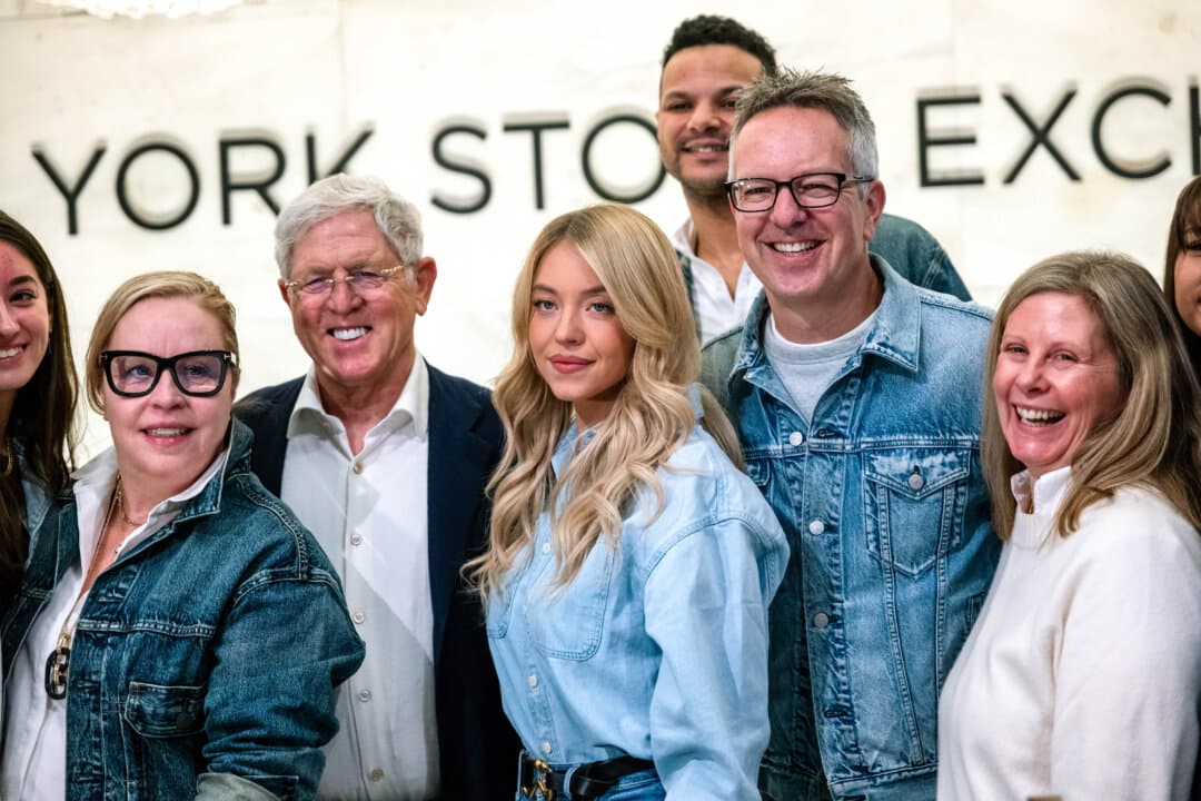 Actress Sydney Sweeney stands with American Eagle Outfitters executives on the floor of the New York Stock Exchange as she rings the Opening Bell for American Eagle Outfitters in New York City on Feb. 9, 2026. (Spencer Platt/Getty Images)