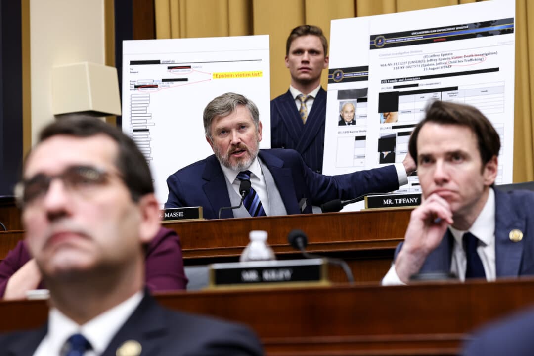 Rep. Thomas Massie (R-Ky.) (L) questions U.S. Attorney General Pam Bondi on the Epstein files before the House Judiciary Committee on Capitol Hill in Washington on Feb. 11, 2026. (Win McNamee/Getty Images)