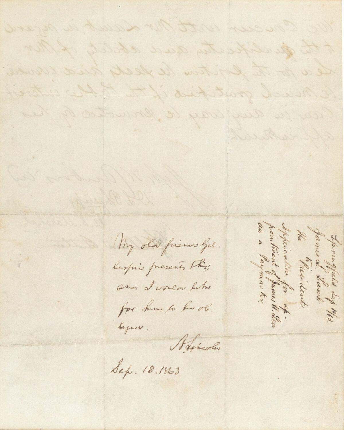 Abraham Lincoln's letter of recommendation for James H. Lea as paymaster for the Union Army, dated Sept. 15, 1863. (Courtesy of The Raab Collection)