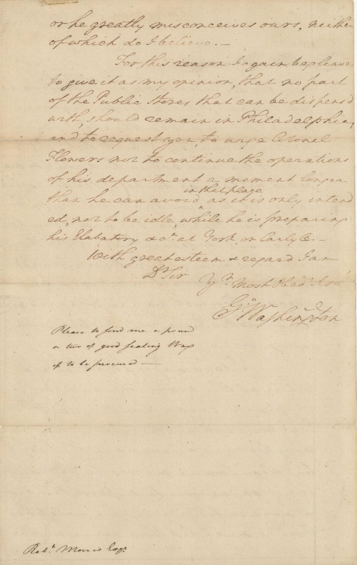 George Washington's 1777 letter to Robert Morris, voicing his concerns over Gen. Howe's advance to Philadelphia. (Courtesy of The Raab Collection)