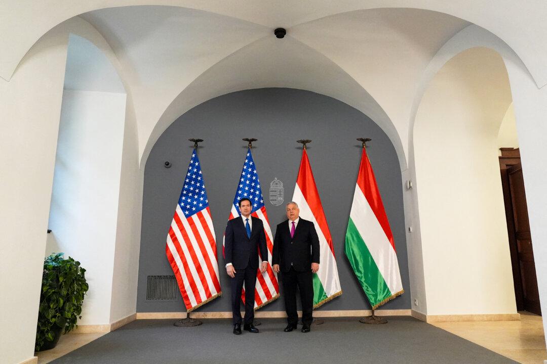 U.S. Secretary of State Marco Rubio poses with Hungary's Prime Minister Viktor Orban during a visit to Budapest, Hungary, on Feb. 16, 2026. (Alex Brandon/Pool/AFP via Getty Images)