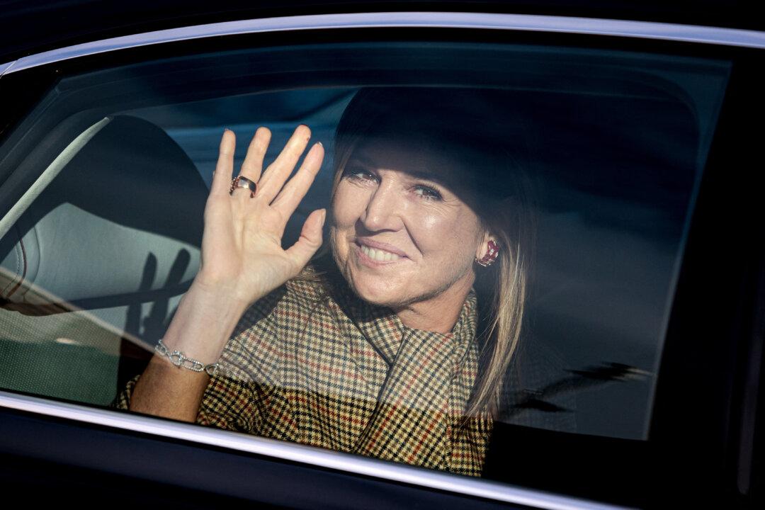 Queen Maxima of The Netherlands waves as she leaves after visiting a homeless shelter in Tranformatorweg, Amsterdam, Netherlands, on Feb. 17, 2026. (Ramon van Flymen/ANP/AFP via Getty Images)