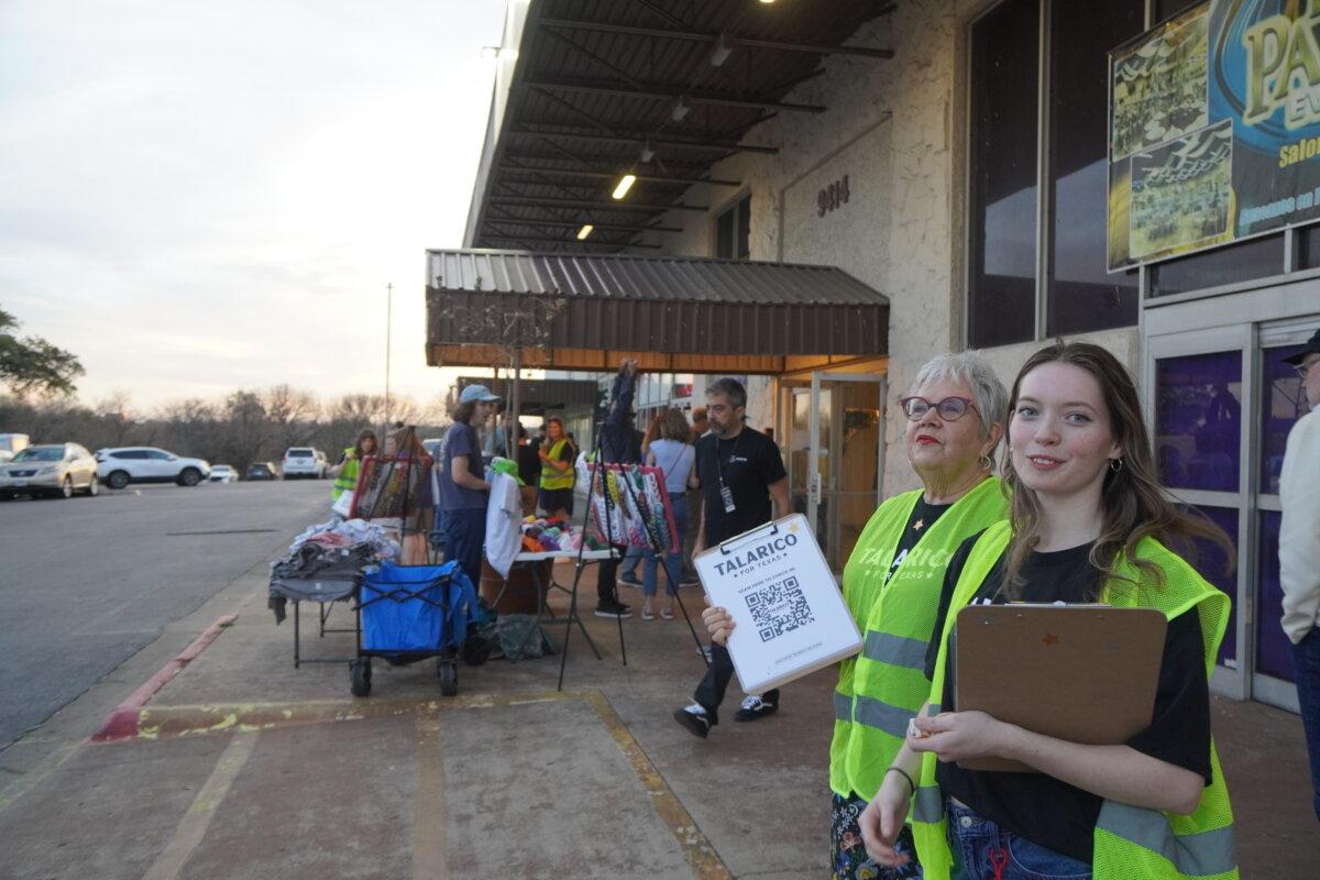 Volunteers for Texas state Rep. James Talarico's Democratic Senate primary campaign welcome attendees to a campaign event in Austin, Texas, on Feb. 17, 2026. (Nathan Worcester/The Epoch Times)