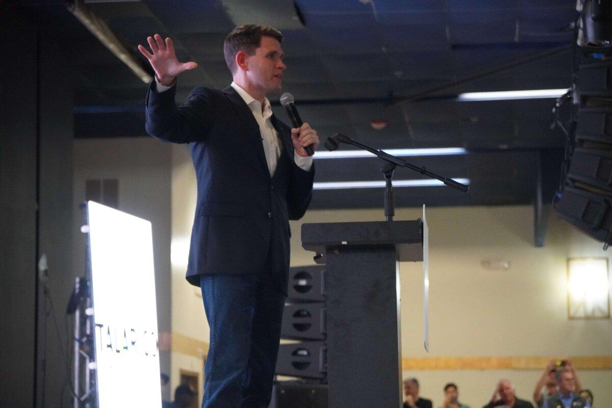 Texas state Rep. James Talarico, a Democrat running for the Senate, speaks at a rally in Austin, Texas, on Feb. 17, 2026, the first day of early voting in Texas's primaries. (Nathan Worcester/The Epoch Times)