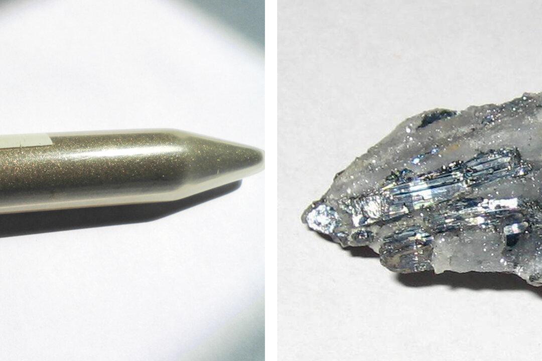 (Left) Antimony metal powder with 99.5 percent purity is shown in this file image. The metalloid is a key input for defense, artificial intelligence, and “green” technologies. (Right) Naturally crystallized antimony in quartz is shown in this file image. (Leiem/CC BY-SA 4.0, Styroks/CC0)