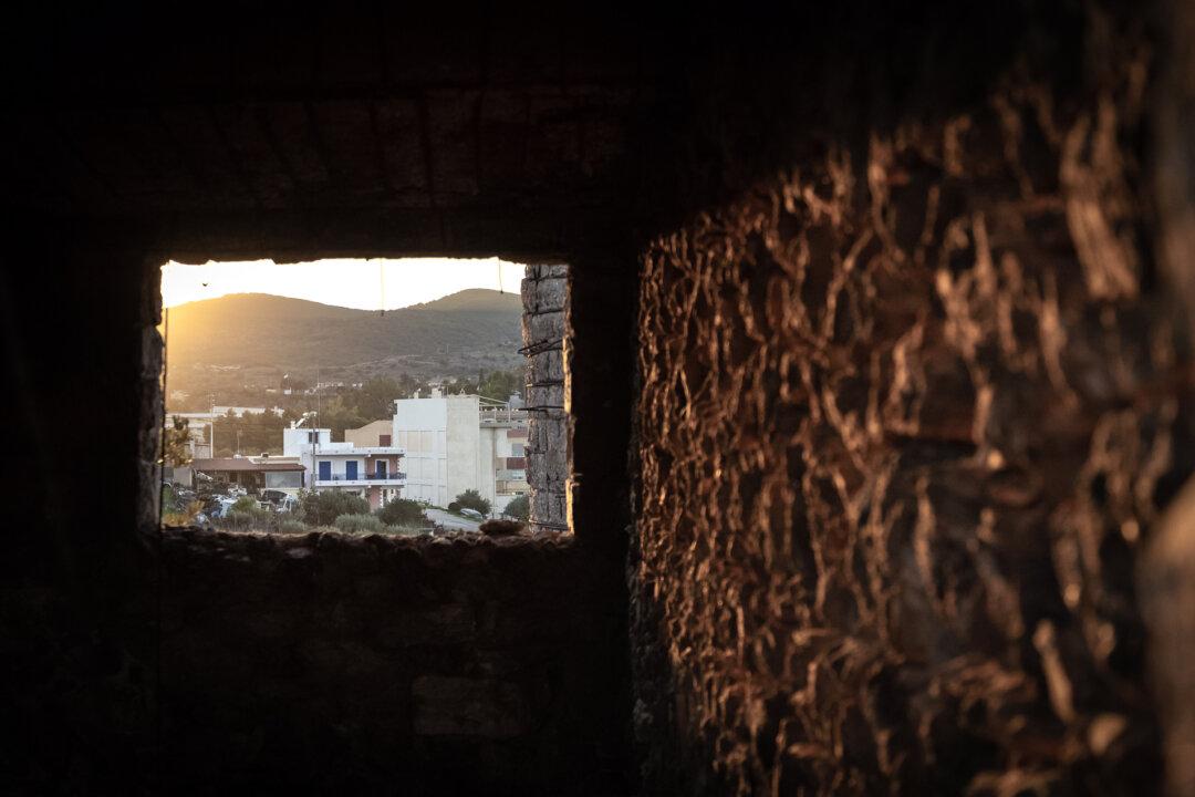 (Top) An old mining facility sits near the port of Lavrio, Greece, on Nov. 12, 2025. Greece’s largely unexploited antimony deposits have drawn interest as Western countries seek to reduce reliance on China. (Bottom L–R) Mine shafts at a former mining facility near the port of Lavrio, Greece, on Nov. 12, 2025. (John Fredricks/The Epoch Times)