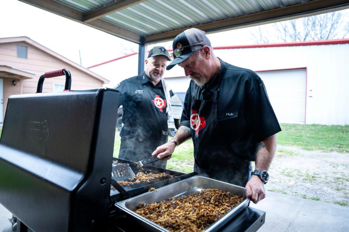 Food is prepared at a law enforcement scholarship breakfast where Rep. Wesley Hunt (R-Texas) spoke while campaigning in the Texas Senate primary in Trinity, Texas, on Feb. 19, 2026. (Madalina Kilroy/The Epoch Times)
