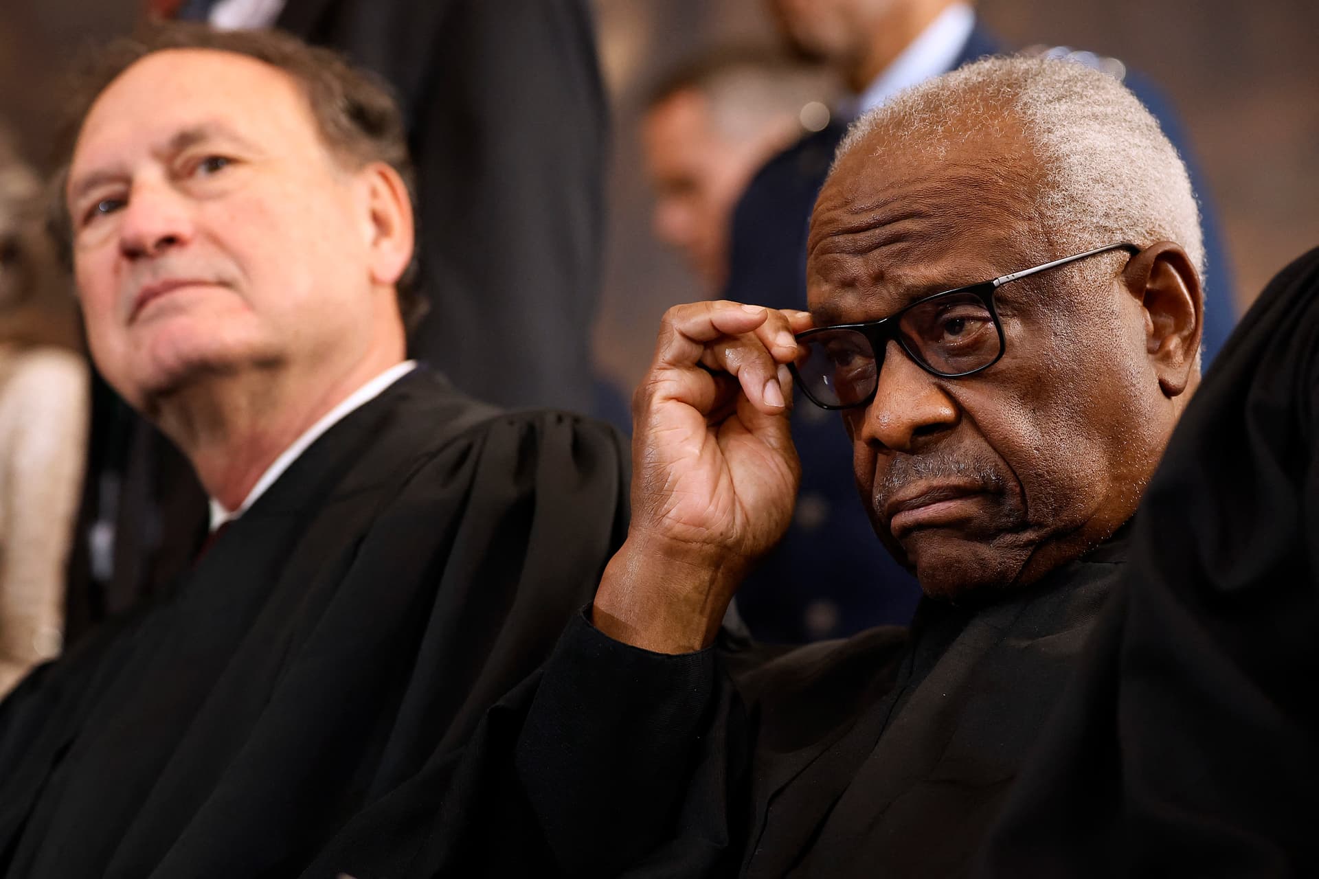 Supreme Court Associate Justices Samuel Alito (L) and Clarence Thomas at the conclusion of President Donald Trump’s second inauguration ceremonies in the Rotunda of the U.S. Capitol in Washington on Jan. 20, 2025. (Chip Somodevilla/Pool/AFP via Getty Images)