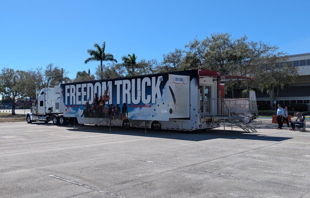 Freedom 250’s Freedom Trucks tour made a stop at Florida Atlantic University in Boca Raton on Feb. 23, 2026. (Jacob Burg/The Epoch Times)