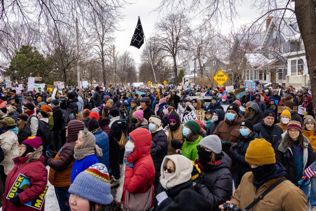 Protesters numbering in the thousands demonstrate against Immigration and Customs Enforcement (ICE) operations in Minneapolis on Jan. 10, 2026. Demonstrations over ICE activity spread to multiple states, ranging from peaceful rallies to clashes with federal agents. (John Fredricks/The Epoch Times)