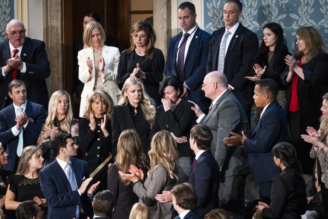 Erika Kirk (center L), CEO of Turning Point USA and widow of conservative commentator Charlie Kirk, and Anna Zarutska (center R), mother of Iryna Zarutska, who was fatally stabbed in North Carolina in August 2025. (Madalina Kilroy/The Epoch Times)