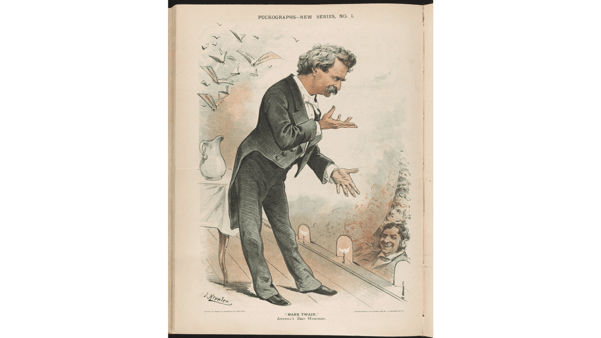 "Mark Twain, America's Best Humorist," by J. Keppler of an illustration in Puckographs. (Public Domain)