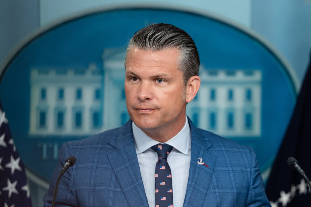 Defense Secretary Pete Hegseth speaks during a press briefing at the White House in Washington on Aug. 11, 2025. (Madalina Kilroy/The Epoch Times)