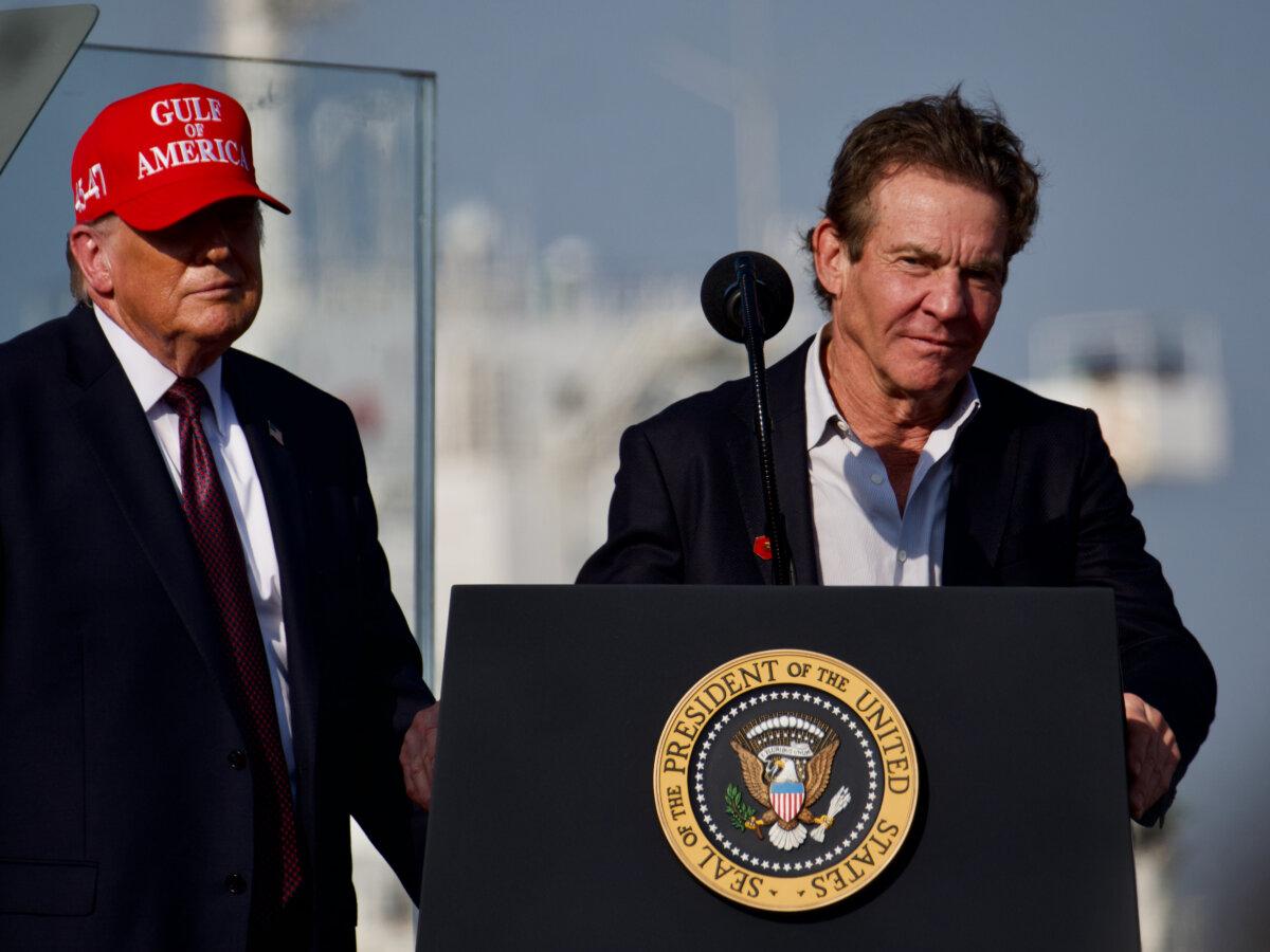 Actor Dennis Quaid speaks at President Donald Trump's American energy dominance rally at the Port of Corpus Christi in Texas on Feb. 27, 2026. (Travis Gillmore/The Epoch Times)