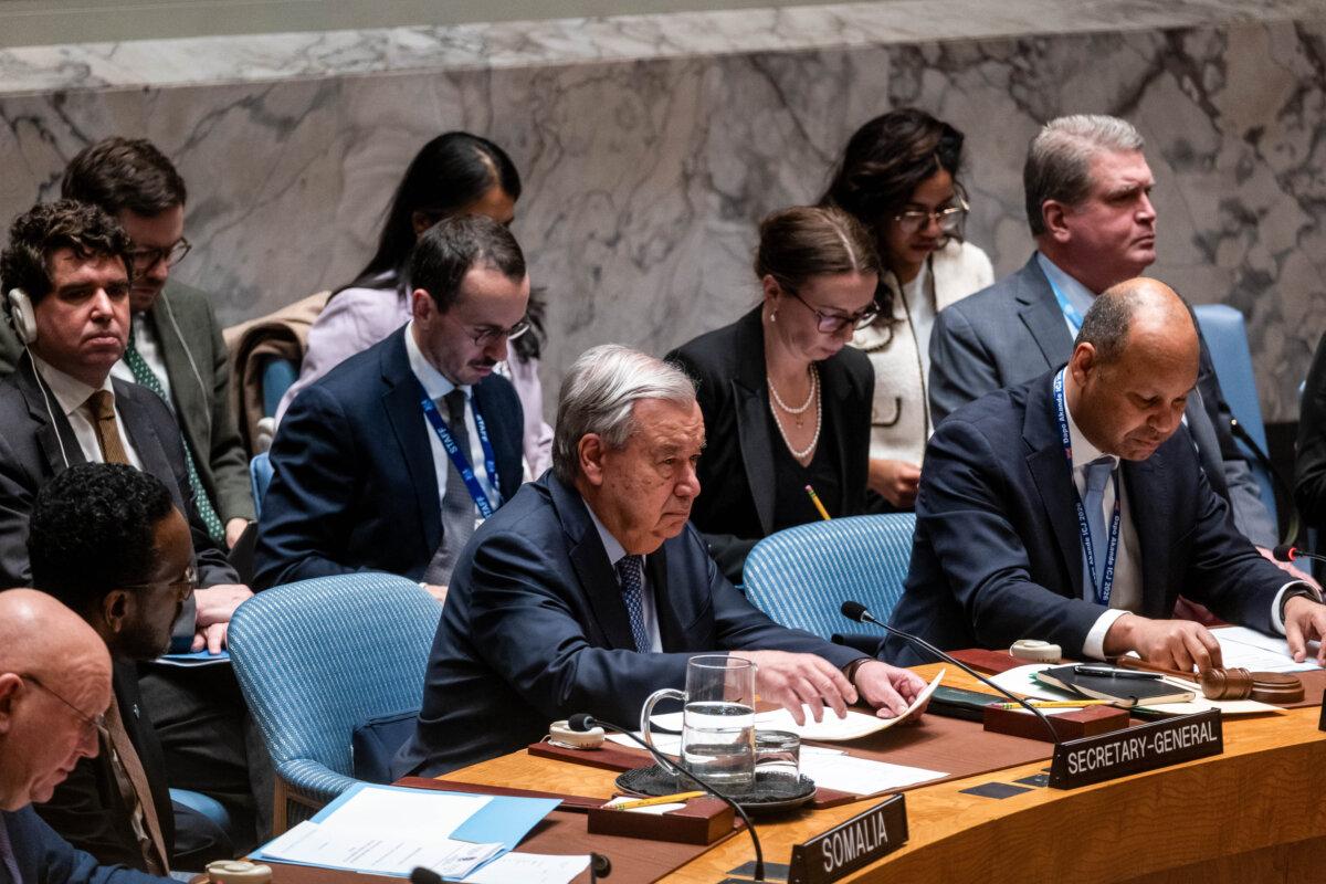 United Nations (UN) Secretary-General Antonio Guterres attends an emergency Security Council meeting on the situation in Iran at United Nations headquarters in New York City, on Feb. 28, 2026. (Spencer Platt/Getty Images)