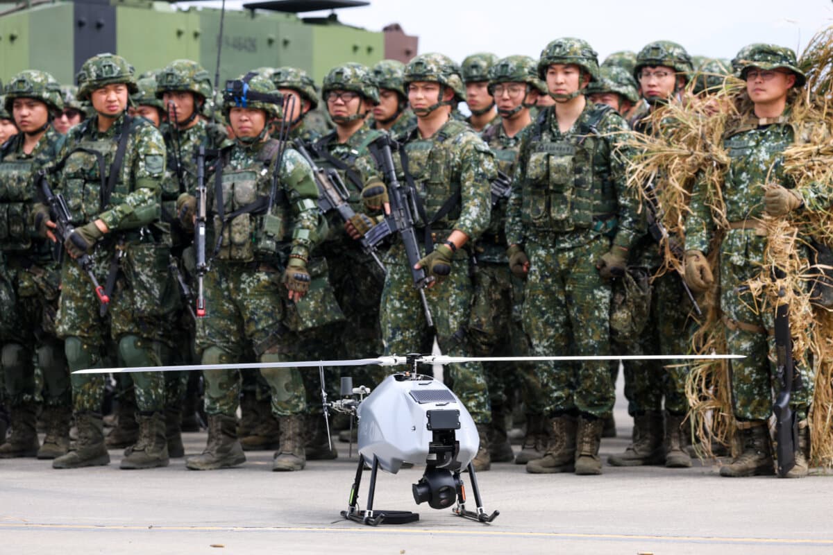 Taiwanese soldiers stand next to a military unmanned aerial vehicle in Taichung, Taiwan, on Jan. 27, 2026. (I-Hwa Cheng/AFP via Getty Images)
