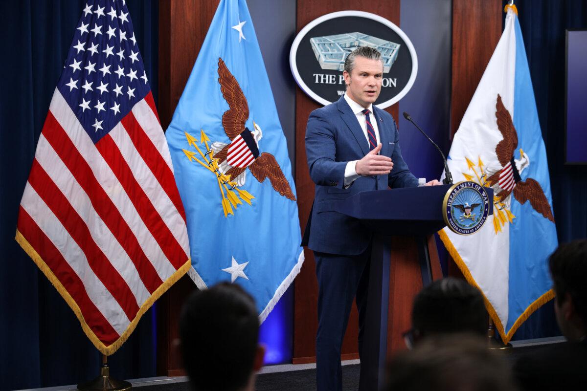 Secretary of War Pete Hegseth speaks during a news conference at the Pentagon in Arlington, Va., on March 2, 2026. (Alex Wong/Getty Images)