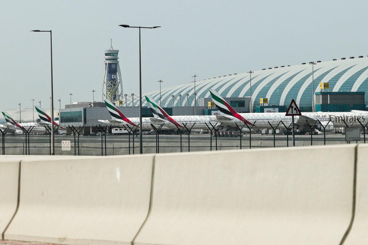 Emirates planes are parked on the tarmac at Dubai International Airport in Dubai on March 2, 2026. (Fadel SENNA / AFP via Getty Images)