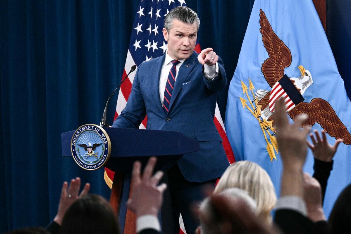 U.S. Secretary of War Pete Hegseth takes questions during a press conference on U.S. military action in Iran, at the Pentagon in Washington on March 2, 2026. (Brendan Smialowski/AFP via Getty Images)
