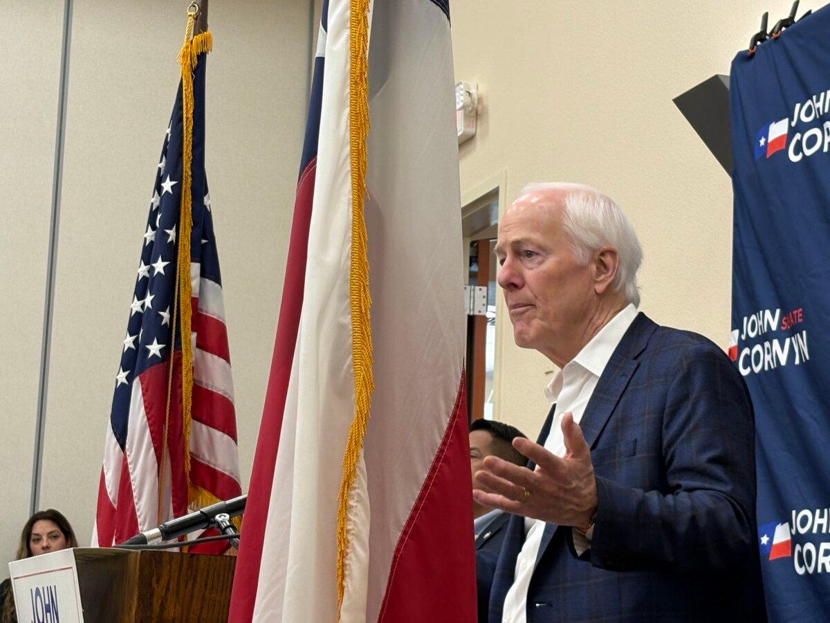 Sen. John Cornyn (R-Texas) campaigns in Schertz, Texas, on March 2, one day before Election Day in the Senate primary. (Nathan Worcester/The Epoch Times)