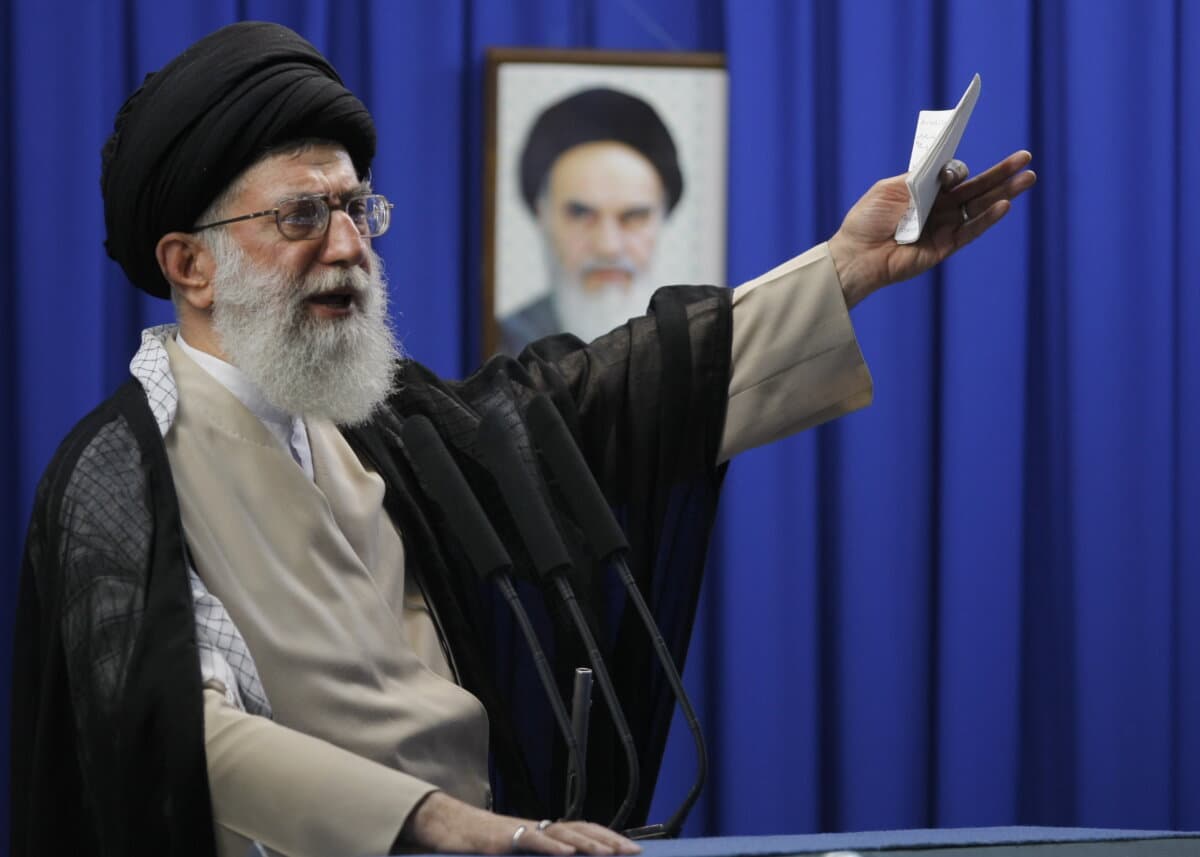 Iranian regime leader Ali Khamenei delivers the weekly Friday prayer sermon at Tehran University in Tehran, Iran, on June 19, 2009. (Behrouz Mehri/AFP via Getty Images)