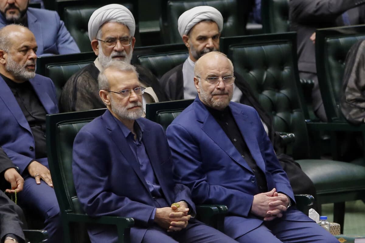 Ali Larijani, secretary of Iran's Supreme National Security Council (L), and Mohammad Bagher Ghalibaf, speaker of the Parliament of Iran, in Parliament in Tehran, Iran, on May 27, 2024. (-/AFP via Getty Images)