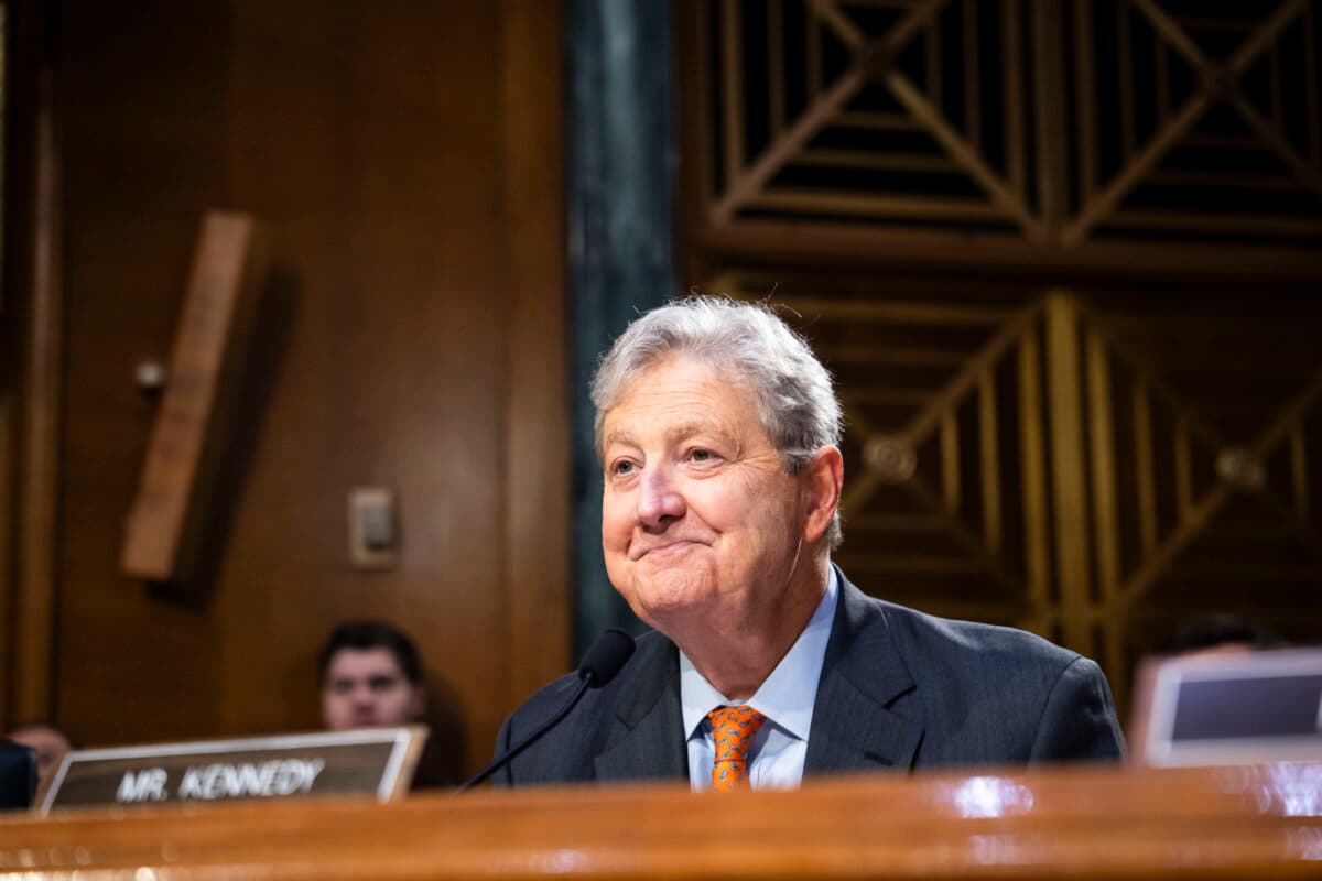 Sen. John Kennedy (R-La.) speaks as Homeland Security Secretary Kristi Noem appears for an oversight hearing before the Senate Judiciary Committee at the Capitol in Washington on March 3, 2026. (Madalina Kilroy/The Epoch Times)