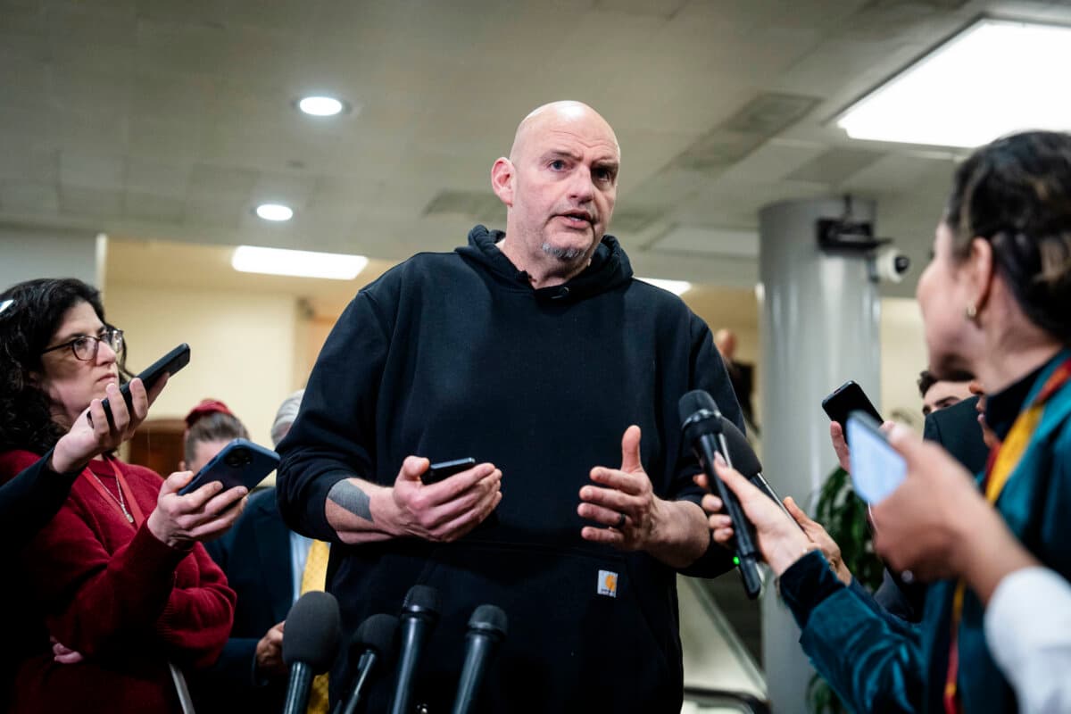 Sen. John Fetterman (D-Pa.) speaks to the press on Capitol Hill in Washington on March 3, 2026. (Madalina Kilroy/The Epoch Times)