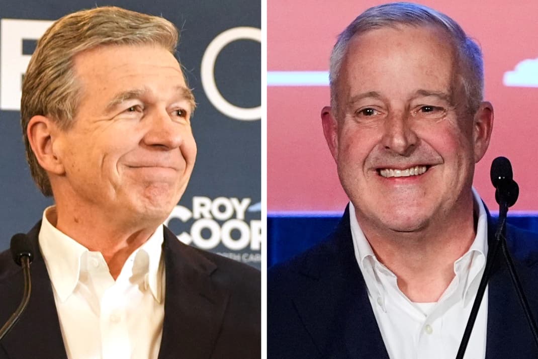 North Carolina Democratic Senate candidate former Gov. Roy Cooper (L) and Republican candidate former RNC Chairman Michael Whatley speak at separate primary election night watch parties in Raleigh and Charlotte, N.C., on March 3, 2026. (Matt Ramey, Erik Verduzco/AP Photo)