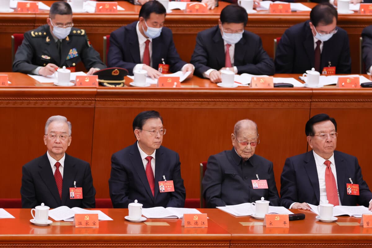 (R-2) Party elder Song Ping, 106, attends the opening session of the 20th National Congress of the Chinese Communist Party at the Great Hall of the People in Beijing on Oct. 16, 2022. (Lintao Zhang/Getty Images)