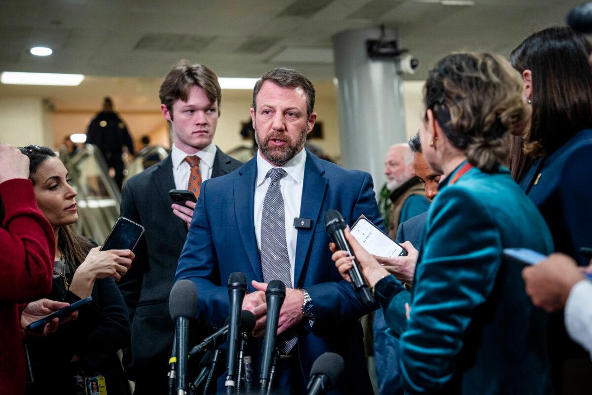 Sen. Markwayne Mullin (R-Okla.) speaks to members of the media on Capitol Hill in Washington on March 3, 2026. (Madalina Kilroy/The Epoch Times)