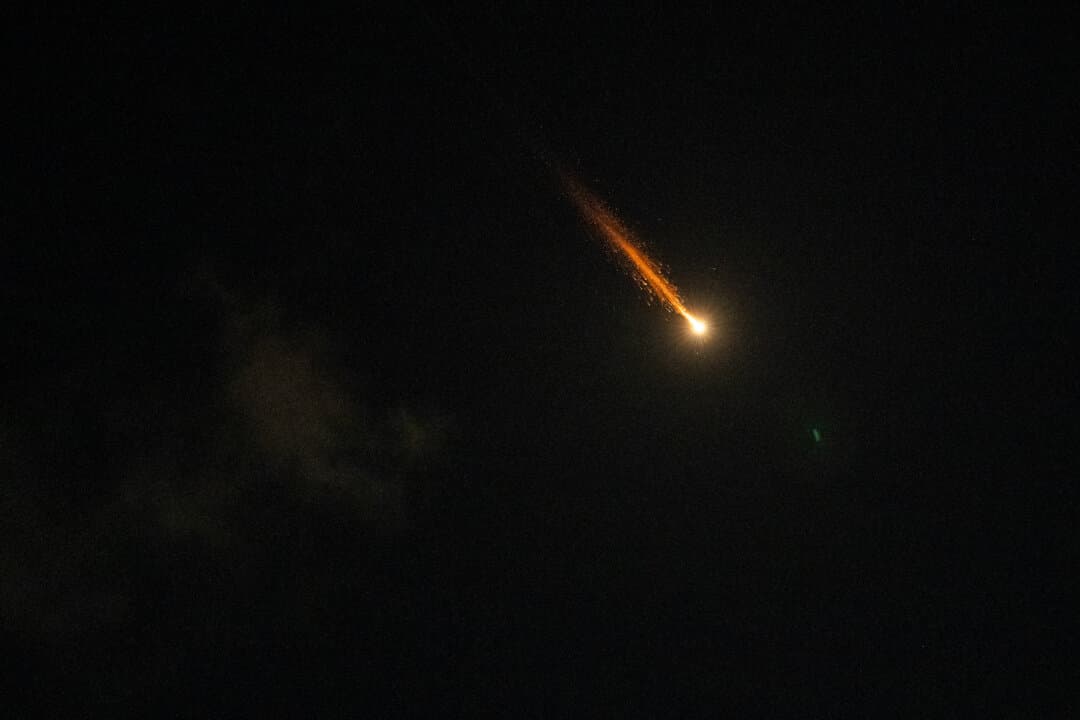 Sparks from a missile interception in Tel Aviv, Israel, on March 4, 2026. (Erik Marmor/Getty Images)