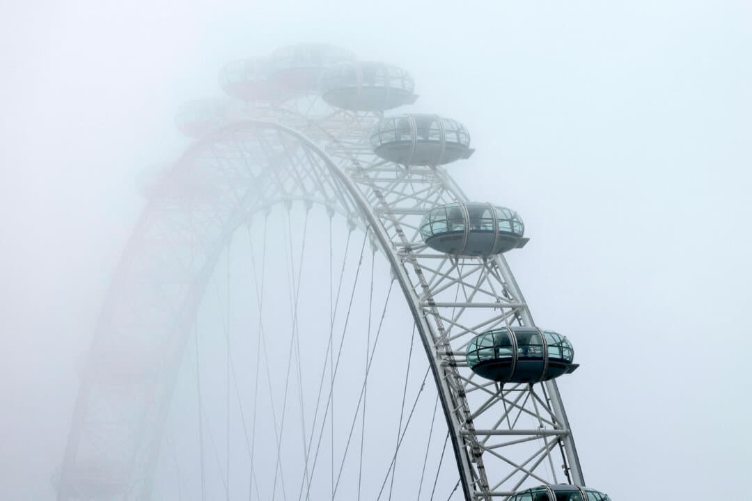 Early morning fog shrouds the pods of the landmark London Eye on March 4, 2026. (Brook Mitchell/AFP via Getty Images)