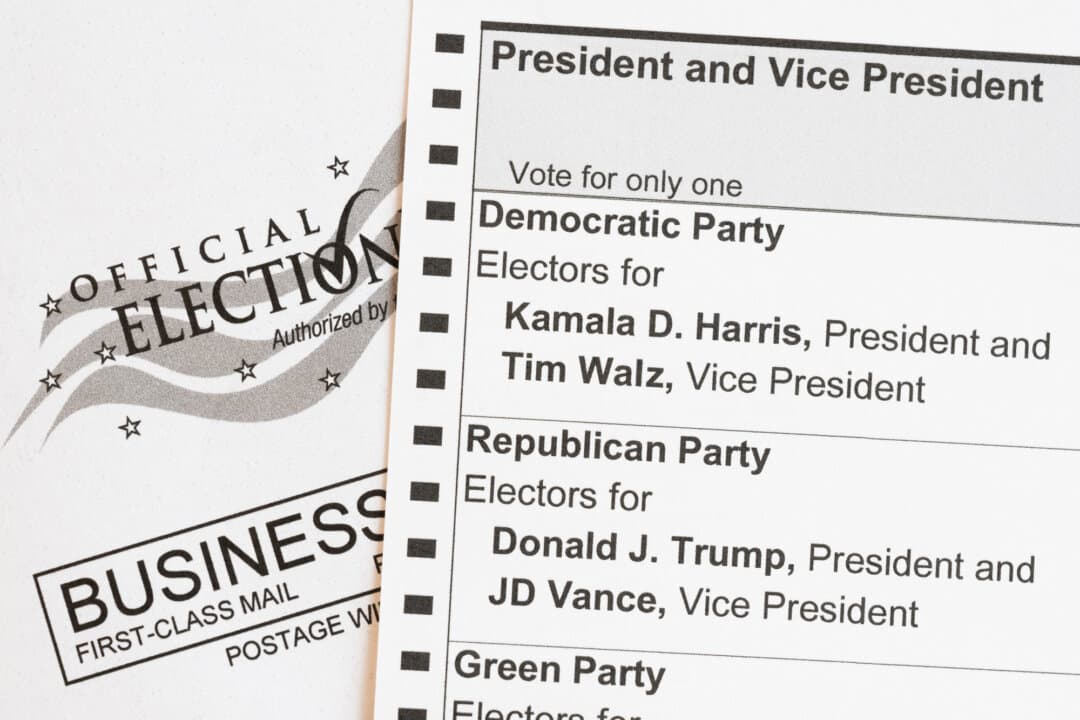 An absentee voter mail-in ballot shows the names of the presidential and vice presidential candidates for the U.S. general election in Arlington, Va., on Sept. 25, 2024. (Saul Loeb/AFP via Getty Images)