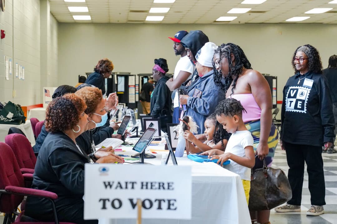 Voters line up to cast their ballots at the C.T. Martin polling location in Atlanta on Nov. 5, 2024. The state passed a law that prohibits the use of driver’s licenses in electronic format as voter ID. (Megan Varner/Getty Images)