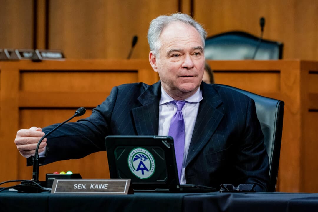 (Left) Sen. Tim Kaine (D-Va.) speaks during a Senate committee hearing on Capitol Hill in Washington on March 18, 2021. (Right) Sen. Michael Bennet (D-Colo.) speaks at a hearing at the U.S. Capitol on Feb. 15, 2023. Five years ago, Kaine and Bennet proposed allowing consumers to opt into Medicare in counties with fewer than three insurers offering Affordable Care Act plans. (Anna Moneymaker/Pool/Getty Images, Kevin Dietsch/Getty Images)