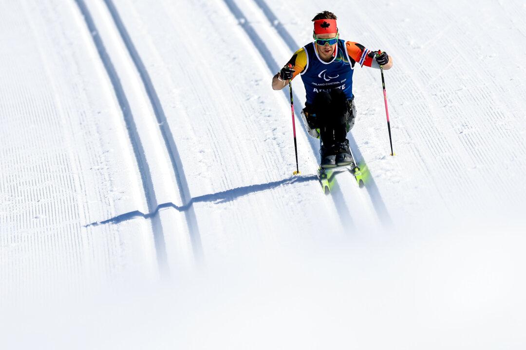 Derek Zaplotinsky of Team Canada participates in training ahead of the Milano Cortina 2026 Winter Paralympic Games at Tesero Cross-Country Skiing Stadium in Val di Fiemme, Italy, on March 5, 2026. (Buda Mendes/Getty Images)