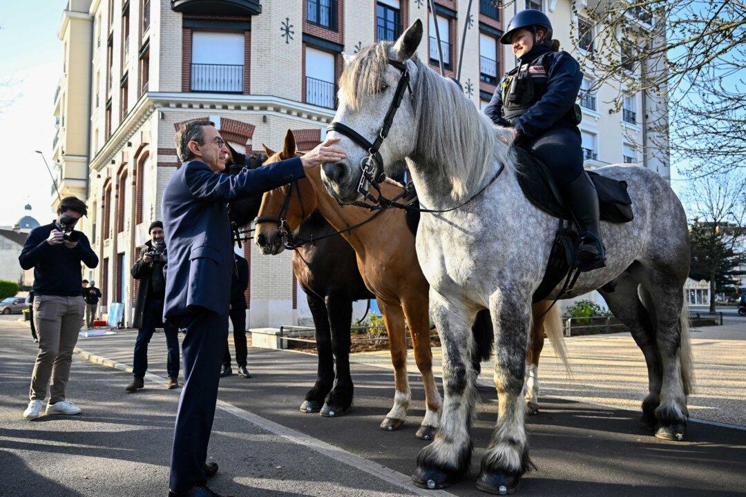 France's former Interior minister and candidate for the 2027 presidential election Bruno Retailleau greets horses of the municipal police mounted brigade before holding a press conference in the outskirts of Paris on March 5, 2026. (Julien De Rosa/AFP via Getty Images)