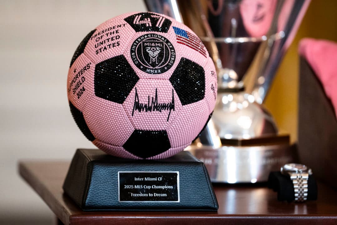 A pink soccer ball as a gift from soccer team Inter Miami CF to President Donald Trump during a visit to the White House on March 5, 2026. (Madalina Kilroy/The Epoch Times)