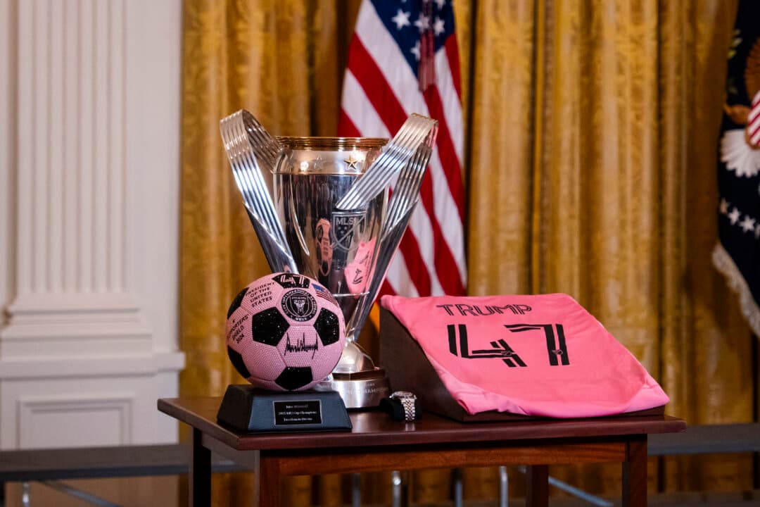 Gifts from soccer team Inter Miami CF for President Donald Trump during a visit to the White House on March 5, 2026. (Madalina Kilroy/The Epoch Times)