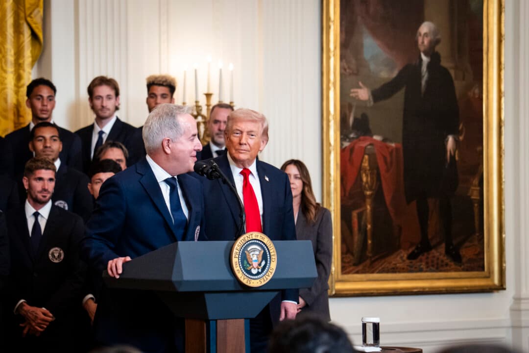 President Donald Trump and Inter Miami CF CEO and Managing Owner Jorge Mas during Inter Miami CF’s visit to the White House on March 5, 2026. (Madalina Kilroy/The Epoch Times)