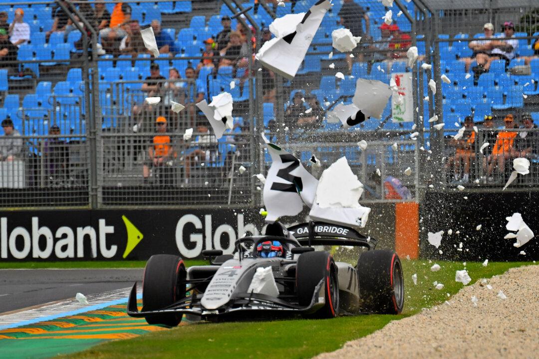 Hitech's driver Colton Herta runs wide after a crash during the Formula 2 practice session at the Albert Park Circuit in Melbourne, Australia, on March 6, 2026. (John Morris/AFP via Getty Images)