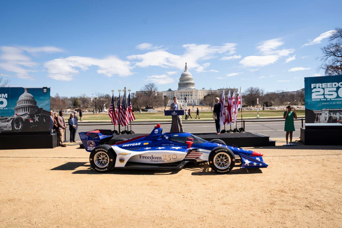 Race car driver and IndyCar Series champion Josef Newgarden speaks during a press event unveiling the new Indycar for the Freedom 250 Grand Prix, in Washington on March 9, 2026. (Madalina Kilroy/The Epoch Times)