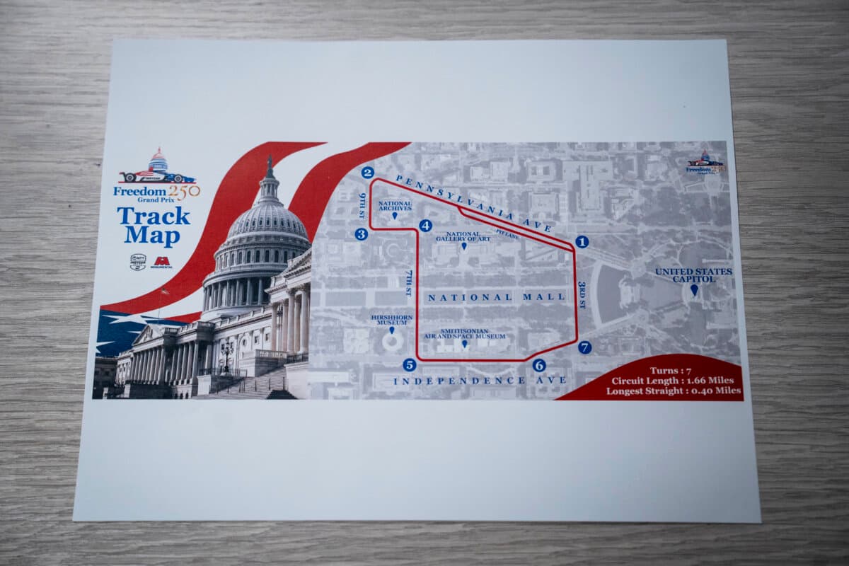 The track map of the upcoming Freedom 250 Grand Prix, in Washington on March 9, 2026. Featuring a 1.7 mile course with seven turns on the National Mall, the Aug. 23 event will celebrate America's 250th birthday. (Madalina Kilroy/The Epoch Times)