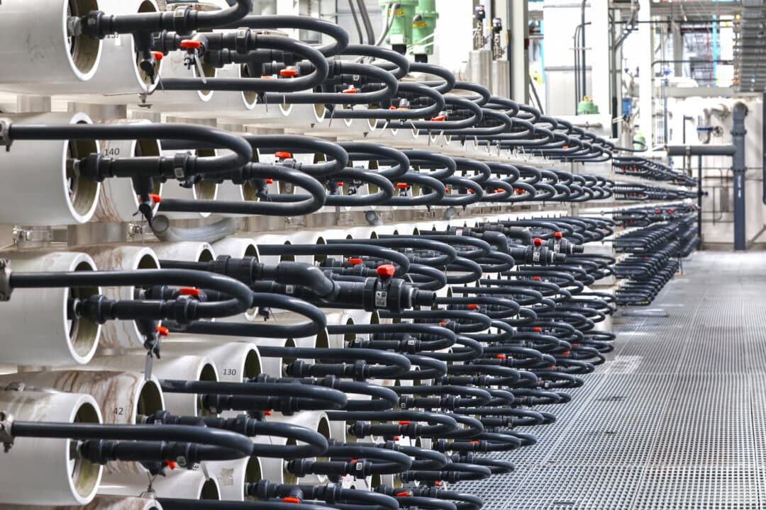 Reverse osmosis pressure vessels treat wastewater at the Groundwater Replenishment System, the world’s largest wastewater recycling plant, in Fountain Valley, Calif., on July 20, 2022. In its 2025 infrastructure report card, the American Society of Civil Engineers gave U.S. wastewater management a D+ due to the ongoing battle to replace U.S. water pipes. (Mario Tama/Getty Images)